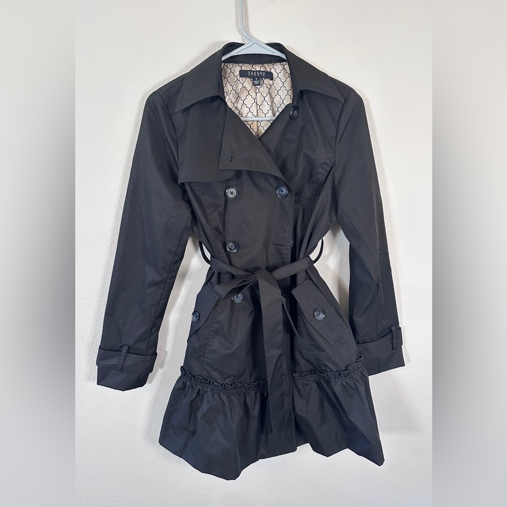Sandro Studio Black Ruffled Double Breasted Trench Coat size small